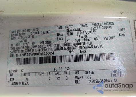 2008 Ford E-250 Commercial/Recreational из США, поврежденный, VIN 1FTNE24W98DA25324